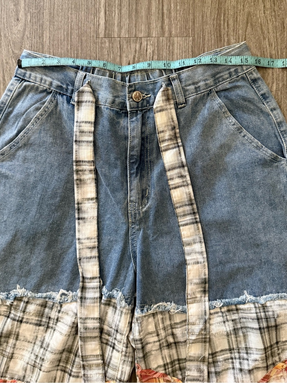 POL Light Blue Denim & Plaid Patchwork Pants NWOT - Picture 4 of 9